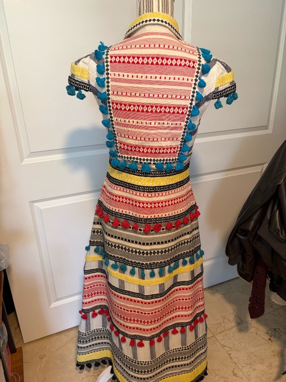 Multicolor Pom-Pom Trim Maxi Dress - Eclectic Striped Design